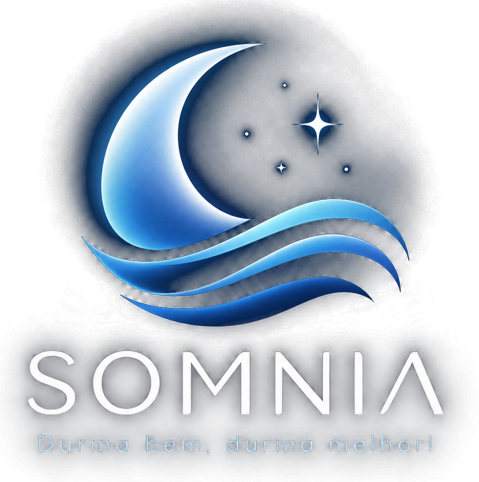 Logotipo original SOMNIA: lua prateada, estrelas, ondas azuis e o slogan Durma bem, durma melhor